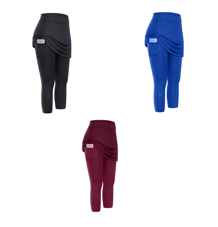 Women’s Tennis Skirted Leggings – High Waist Sports Yoga Capris with Pockets