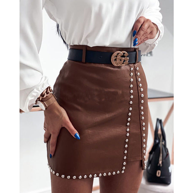 Women’s PU Leather Skirt with Rivet Details – Elegant High-Style Fashion Skirt