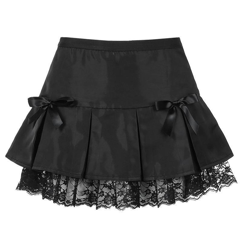 Women’s Black Gothic Pleated Skirt – Lace Trim Aesthetic Dance Skirt