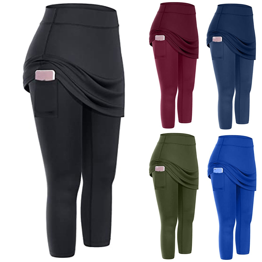 Women’s Tennis Skirted Leggings – High Waist Sports Yoga Capris with Pockets