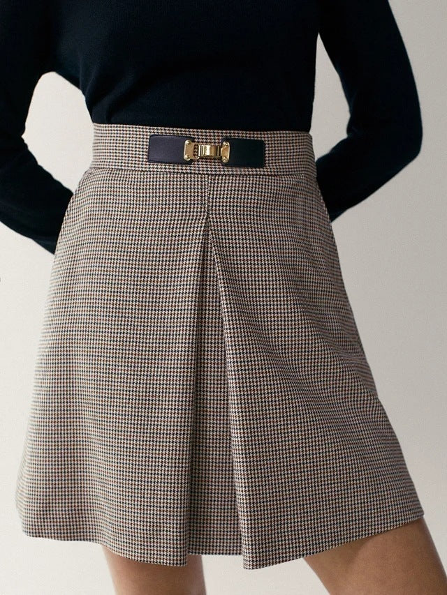 Women’s Houndstooth A-Line Skirt – High Waist Vintage Plaid Mini for Autumn & Winter
