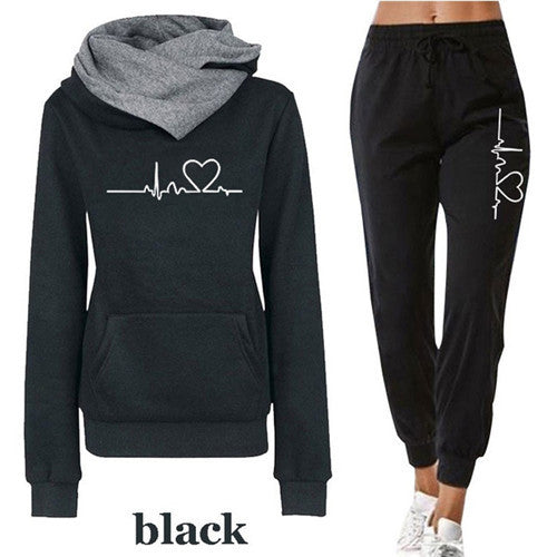 Women’s Autumn Tracksuit Set – Pullover Hoodie & Black Pants Casual Outfit