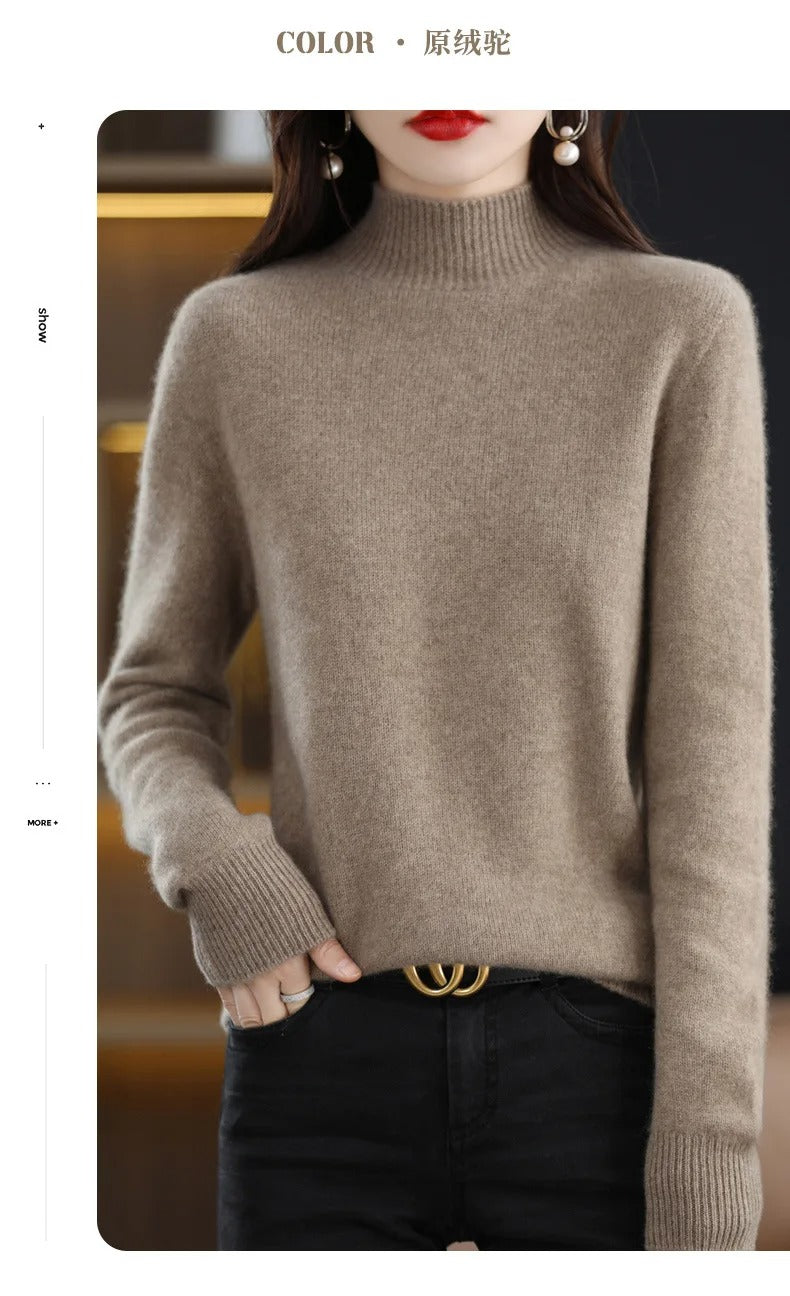Women’s Autumn Winter Knit Sweater – Half High Collar Long Sleeve Pullover