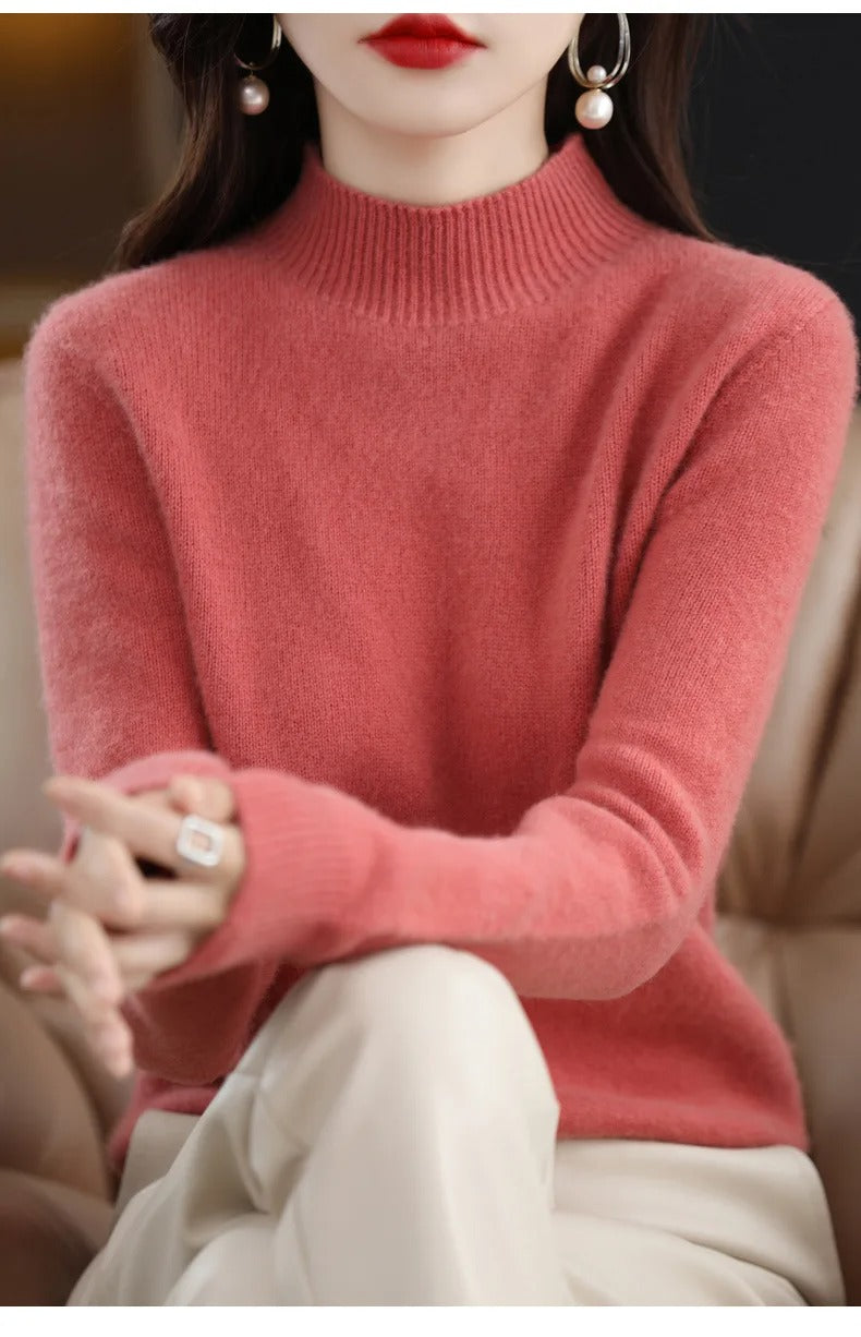 Women’s Autumn Winter Knit Sweater – Half High Collar Long Sleeve Pullover