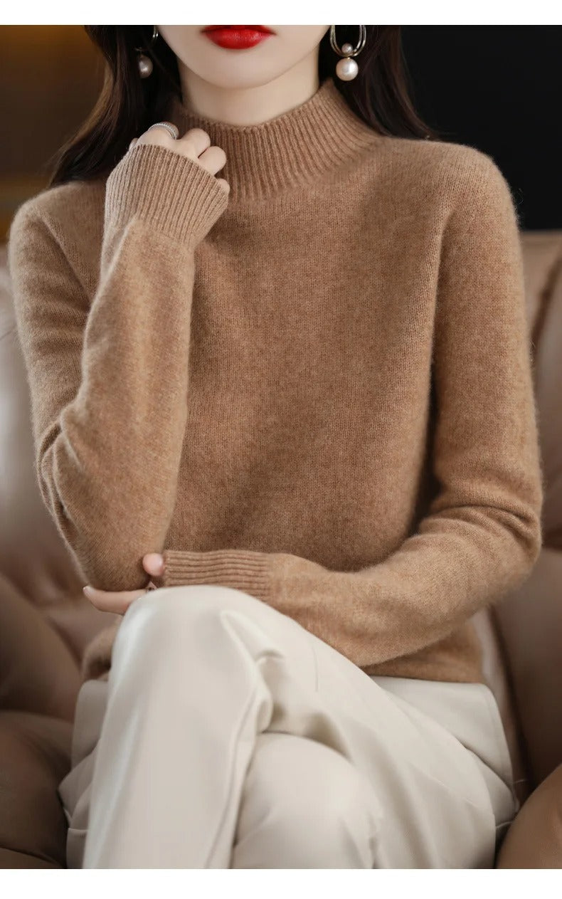 Women’s Autumn Winter Knit Sweater – Half High Collar Long Sleeve Pullover