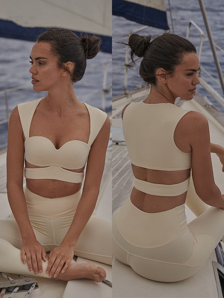 Blush and Bold women's cream activewear set with sports bra and leggings. Stretchy fabric, ideal for yoga.