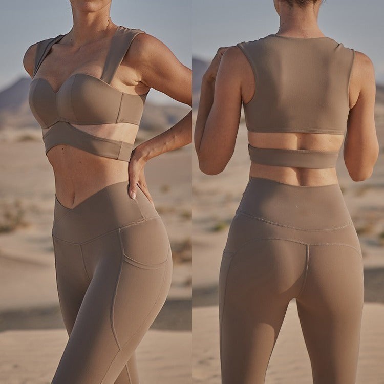 Blush and Bold women's taupe sports bra with sweetheart neckline and matching high-waisted leggings with pockets. Activewear set.